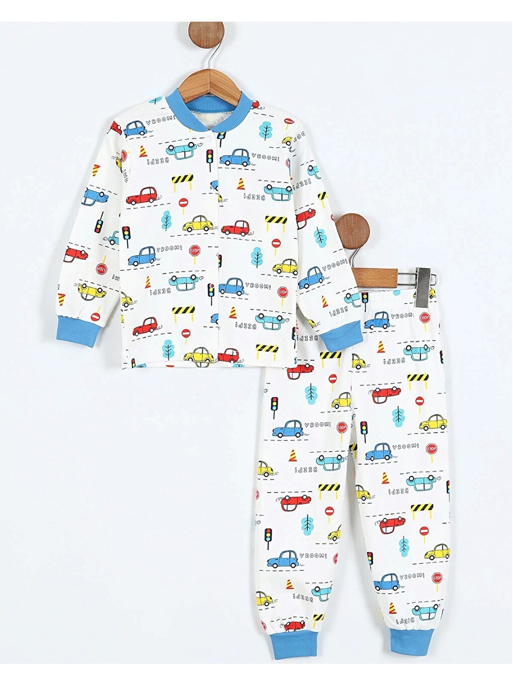 Ekru Erkek Çocuk Çıtçıtlı Araba Baskılı 0-6 Yaş %100 Pamuklu Mevsimlik Gecelik Pijama Takımı-3