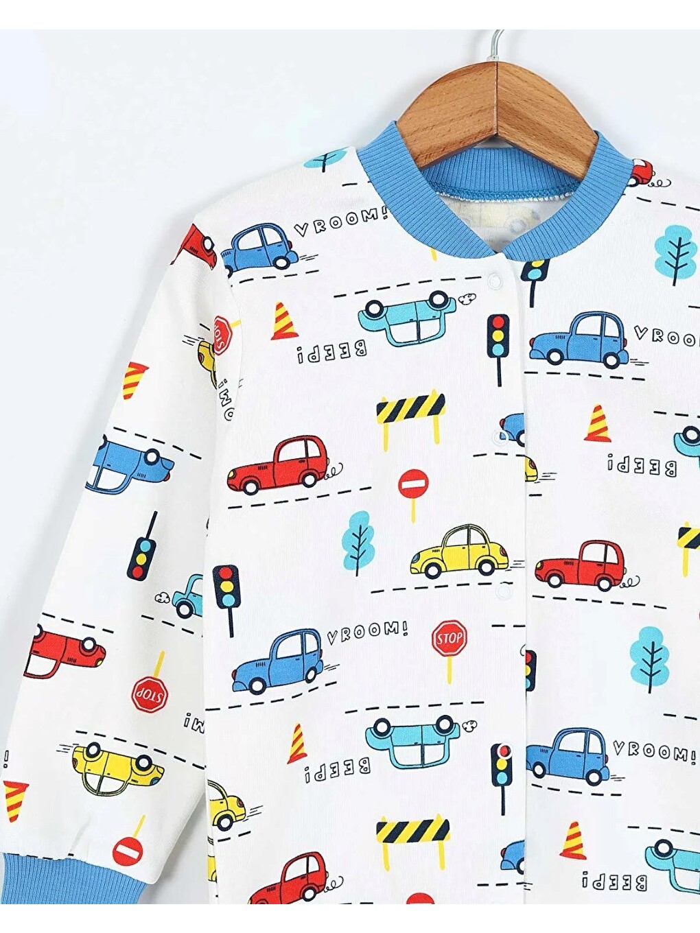 Ekru Erkek Çocuk Çıtçıtlı Araba Baskılı 0-6 Yaş %100 Pamuklu Mevsimlik Gecelik Pijama Takımı-5