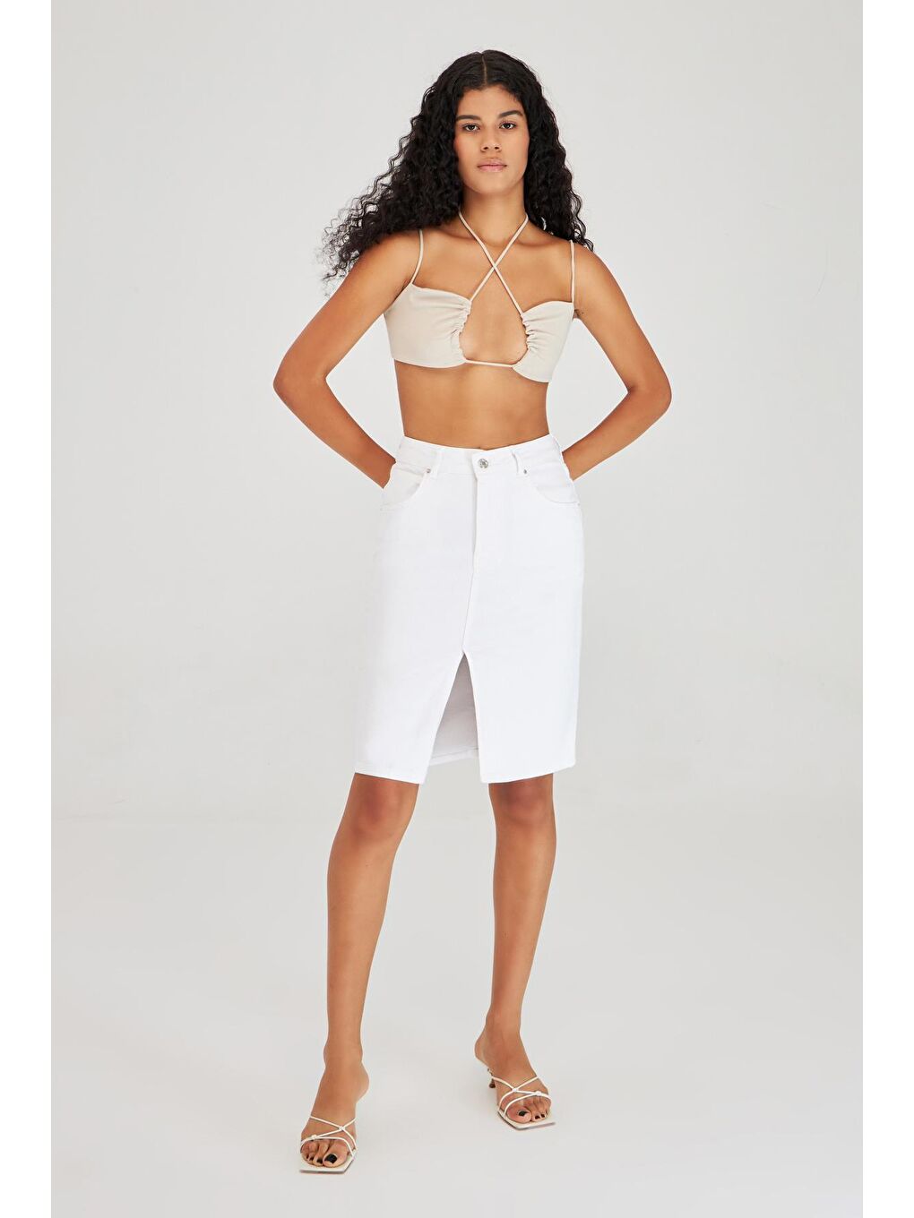 Beyaz Kadın Midi Boy Yüksek Bel Yırtmaçlı  Jean Etek-1