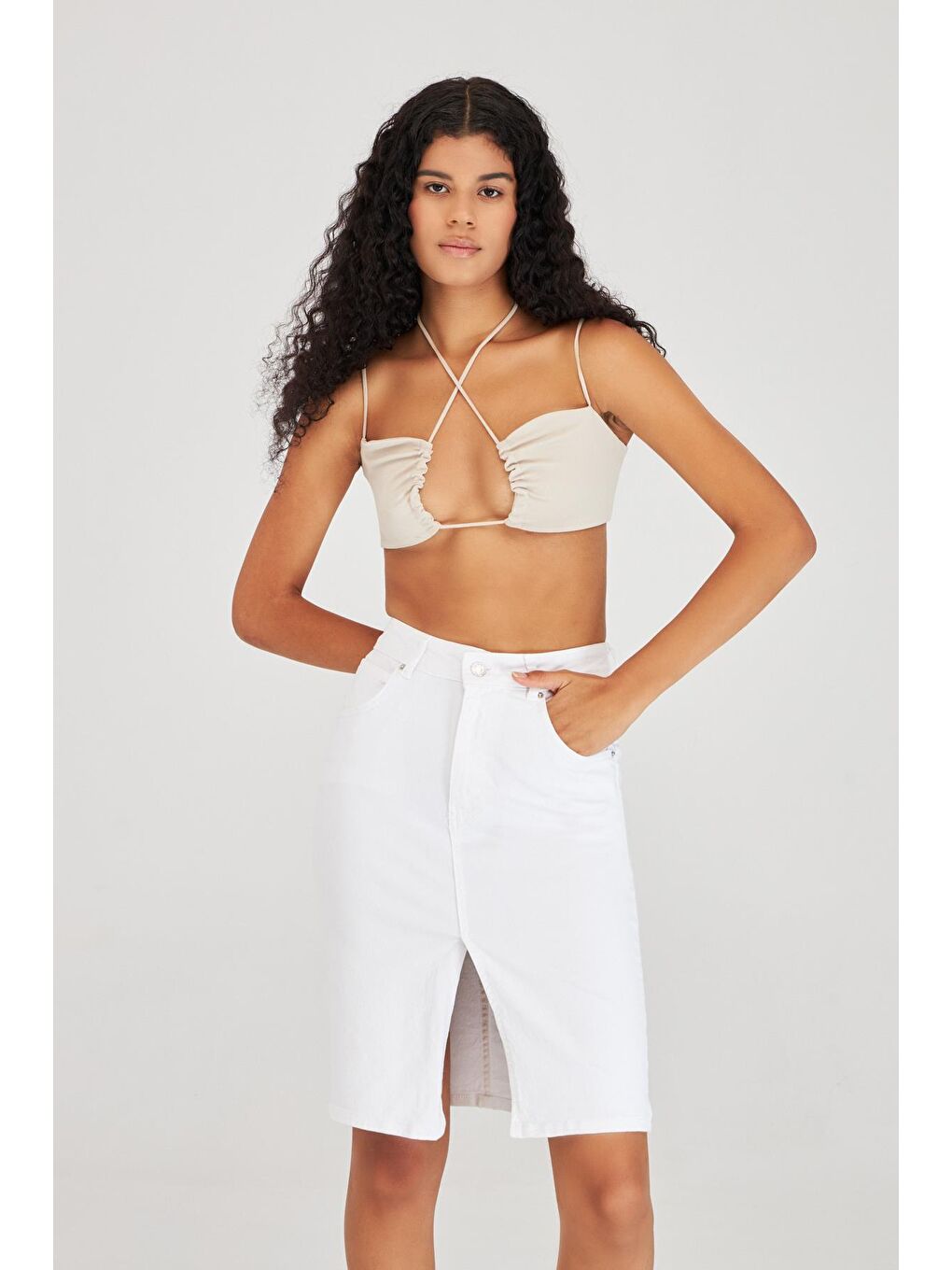 Beyaz Kadın Midi Boy Yüksek Bel Yırtmaçlı  Jean Etek-2