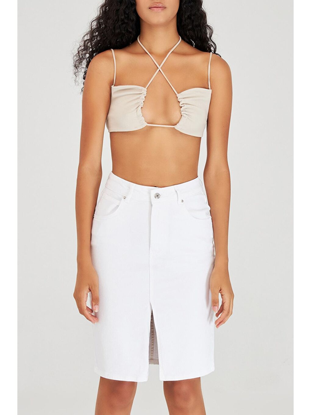 Beyaz Kadın Midi Boy Yüksek Bel Yırtmaçlı  Jean Etek-4