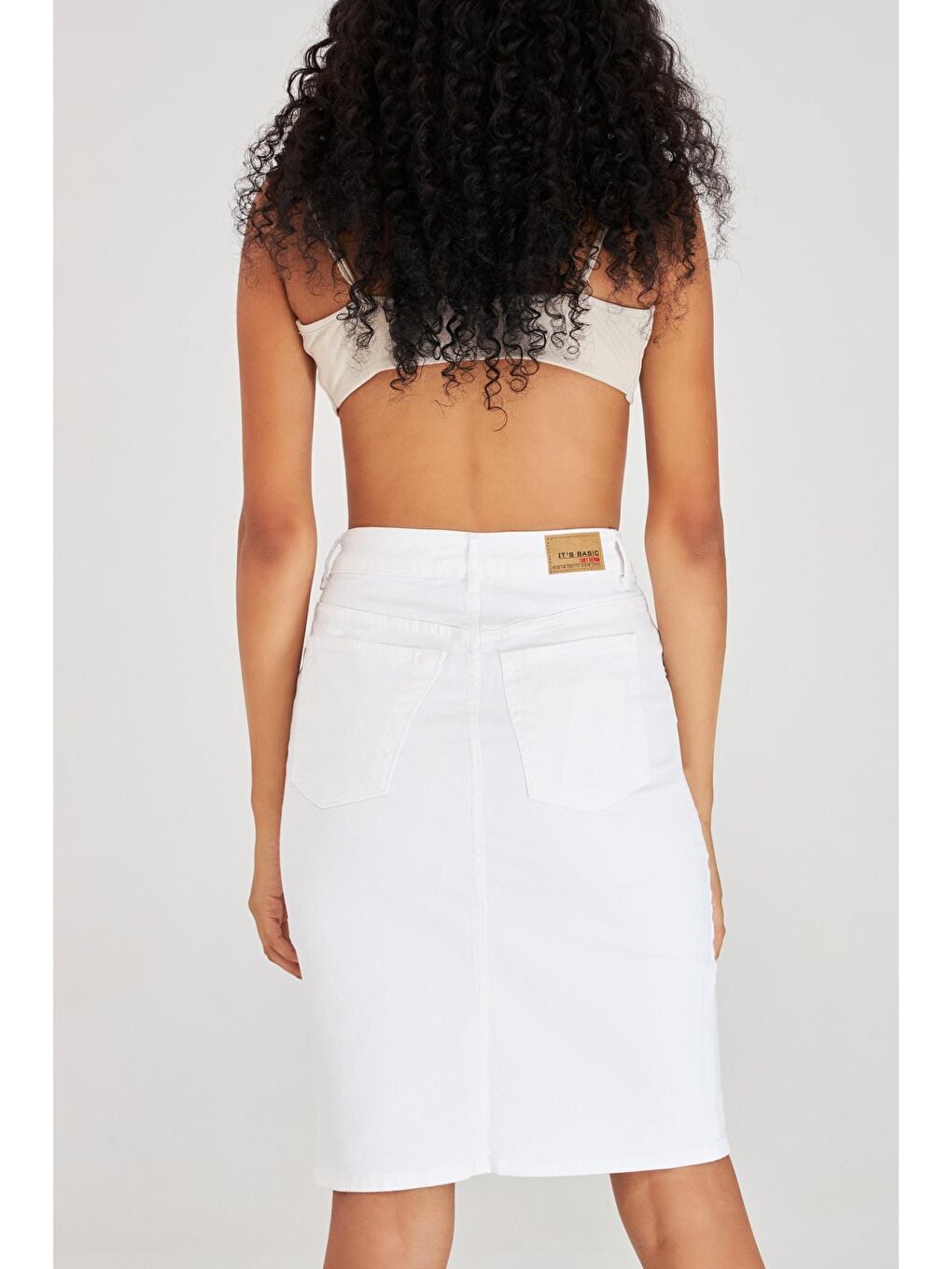Beyaz Kadın Midi Boy Yüksek Bel Yırtmaçlı  Jean Etek-5