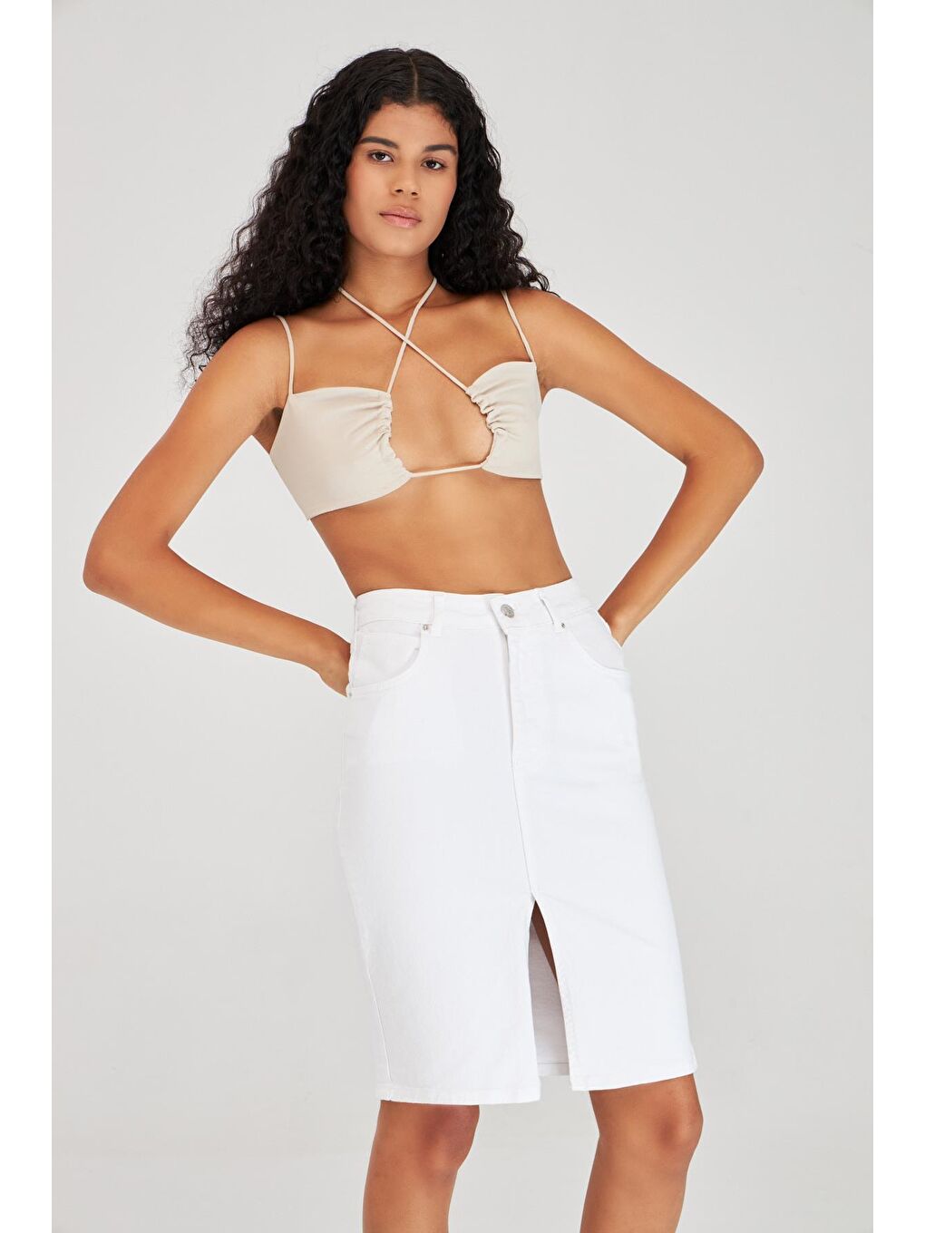 Beyaz Kadın Midi Boy Yüksek Bel Yırtmaçlı  Jean Etek-6