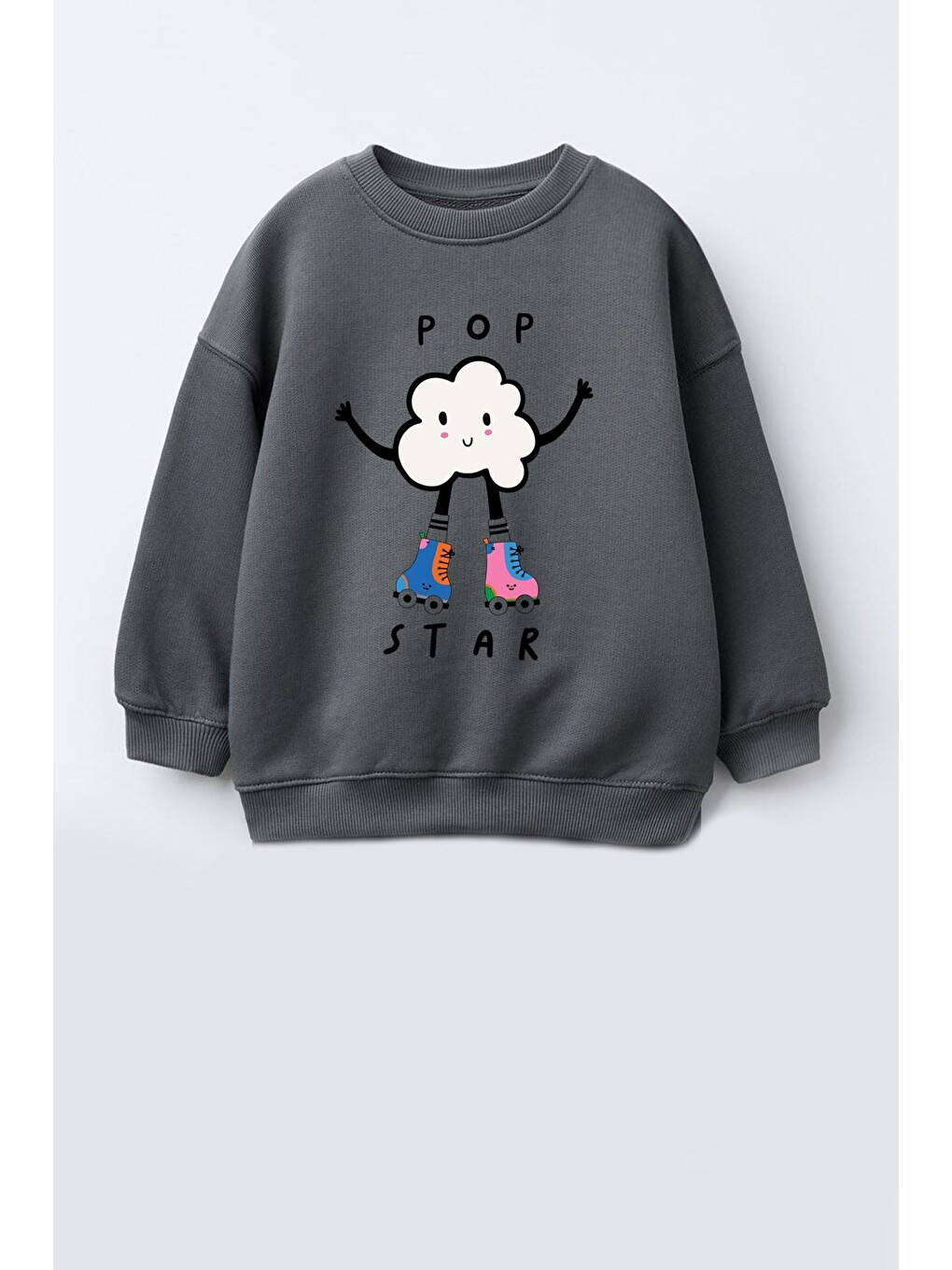 Antrasit Kız Çocuk 3 İplik Kumaş Pamuklu Popcorn Baskılı Sweatshirt
