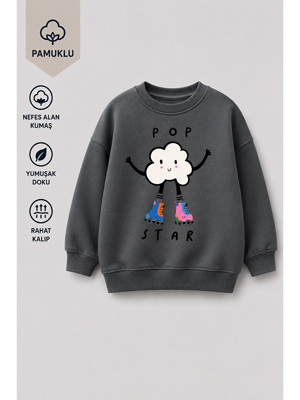 Antrasit Kız Çocuk 3 İplik Kumaş Pamuklu Popcorn Baskılı Sweatshirt-1