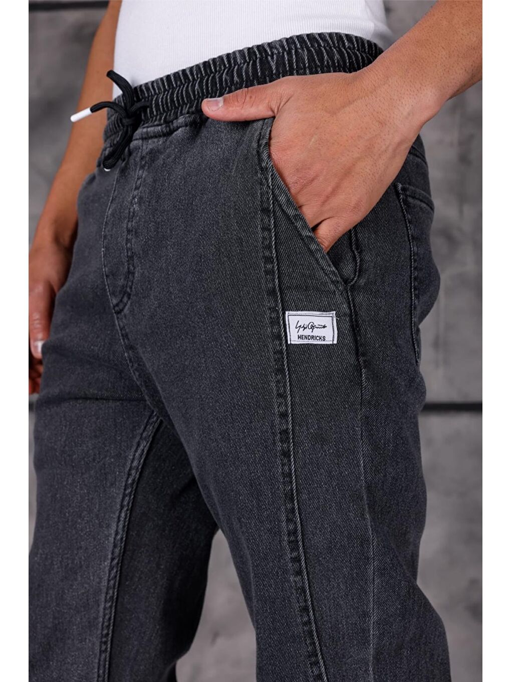 Gri Hend 8186 Slim Fit Elastanlı Beli ve Paçası Lastikli İpli Jogger Kesim Erkek Jean Pantolon-2