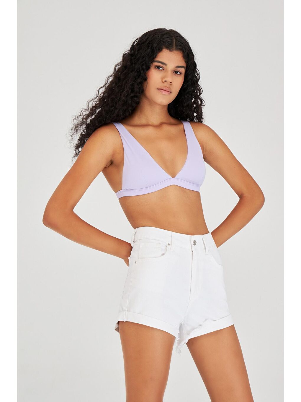 Kadın Beyaz Renk Yüksek Bel Jean Şort-2