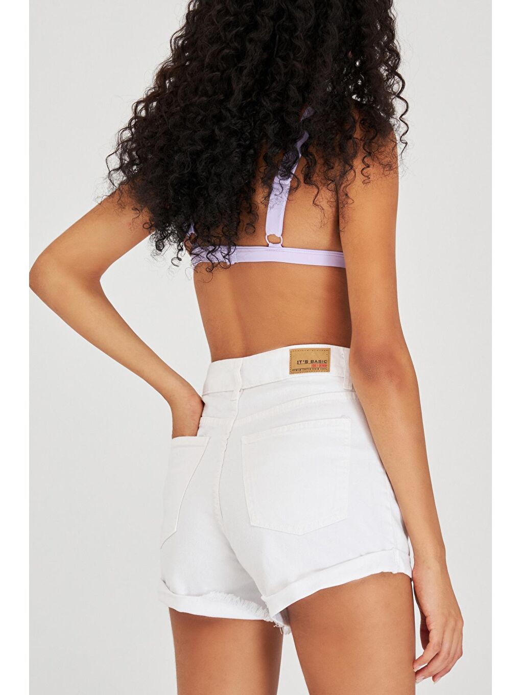 Kadın Beyaz Renk Yüksek Bel Jean Şort-4