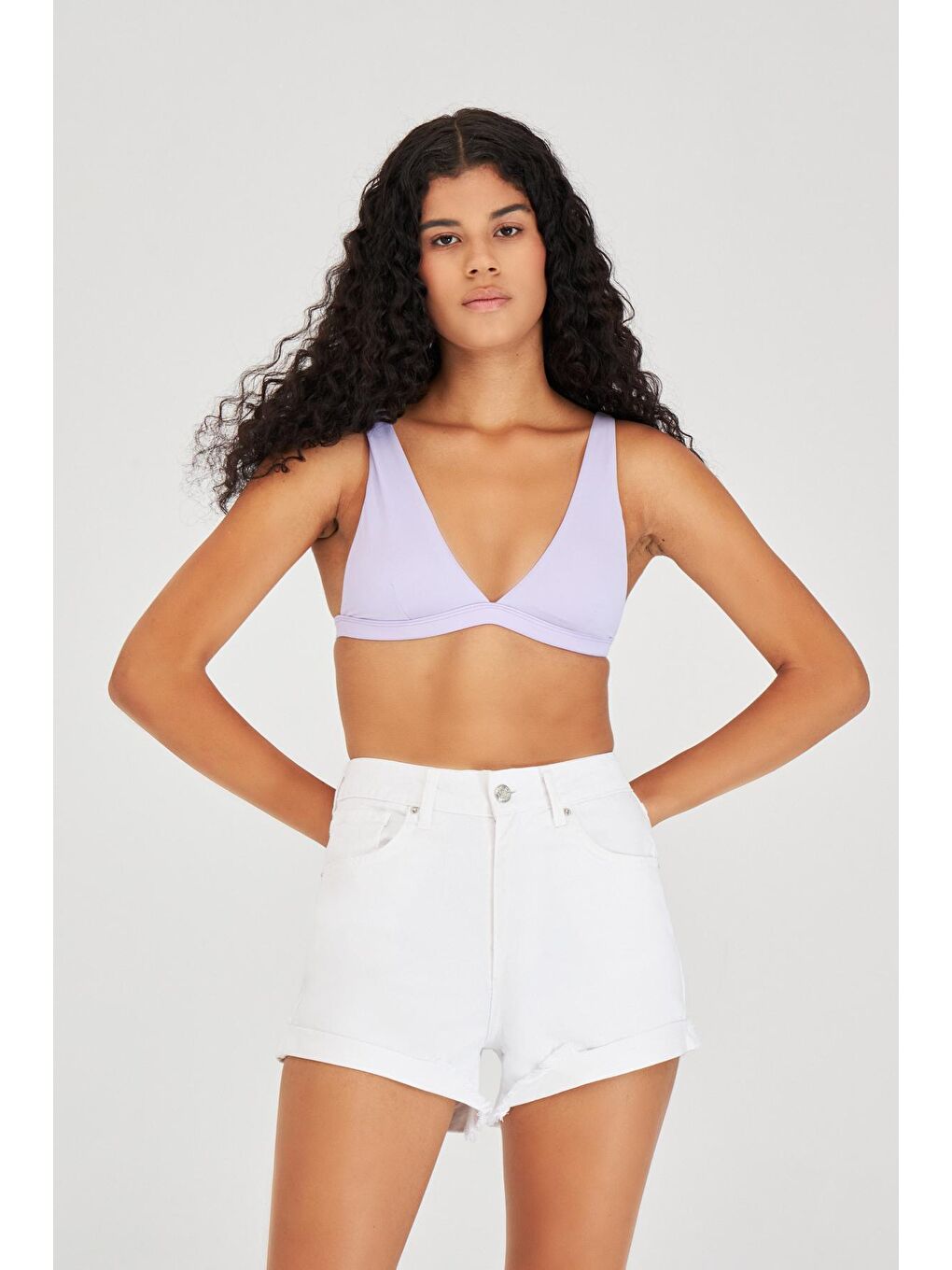 Kadın Beyaz Renk Yüksek Bel Jean Şort-5