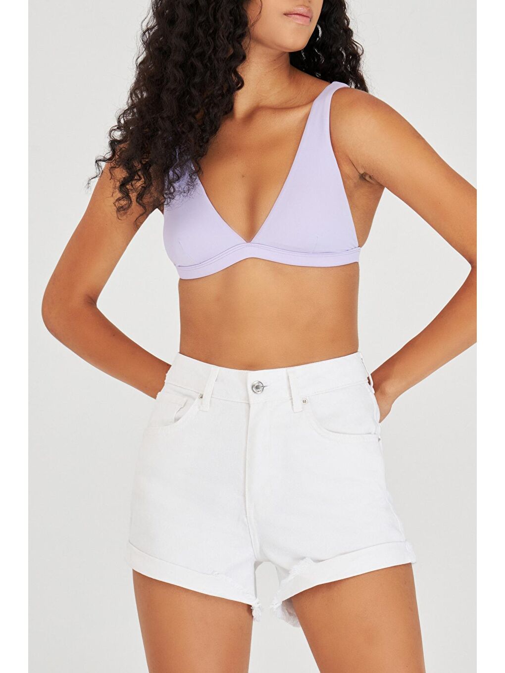 Kadın Beyaz Renk Yüksek Bel Jean Şort-6