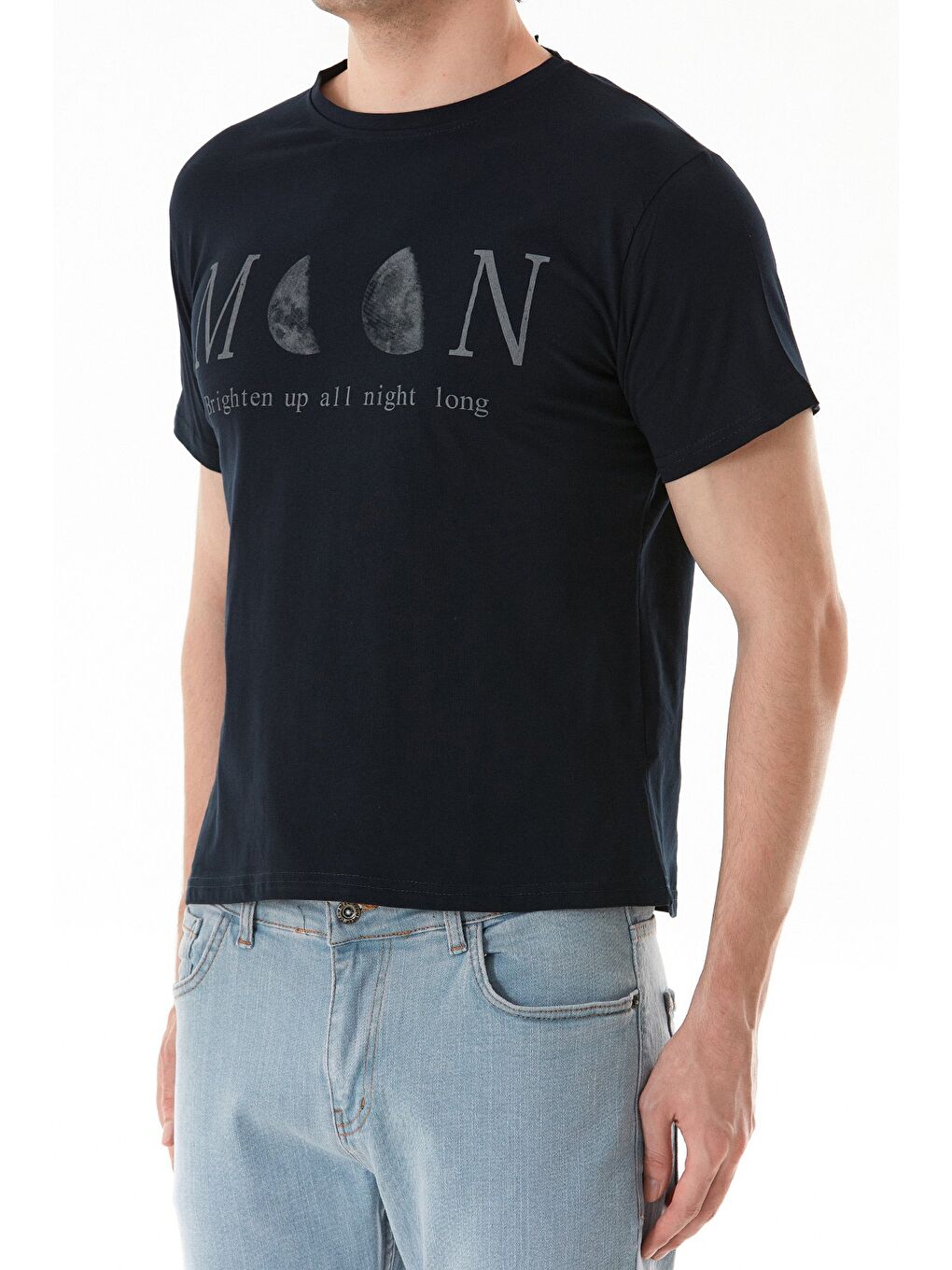 Lacivert Moon Yazı Ve Ay Baskılı Bisiklet Yaka %100 Pamuk Tişört