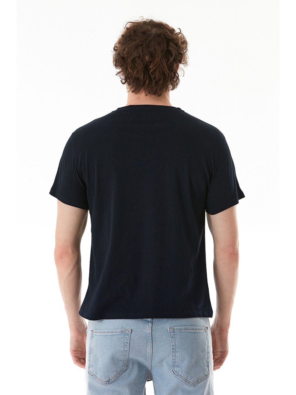 Lacivert Moon Yazı Ve Ay Baskılı Bisiklet Yaka %100 Pamuk Tişört-1