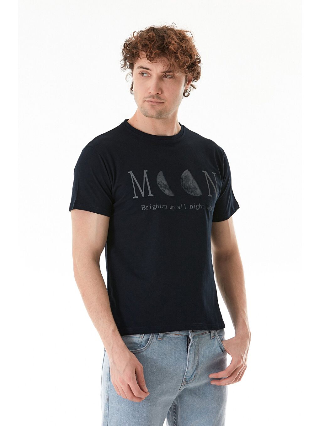 Lacivert Moon Yazı Ve Ay Baskılı Bisiklet Yaka %100 Pamuk Tişört-2