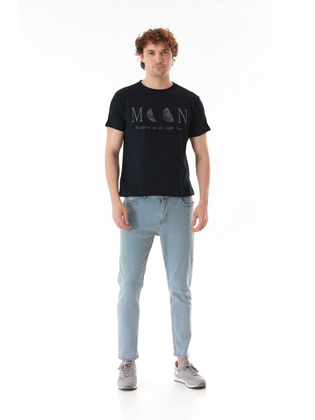 Lacivert Moon Yazı Ve Ay Baskılı Bisiklet Yaka %100 Pamuk Tişört-3