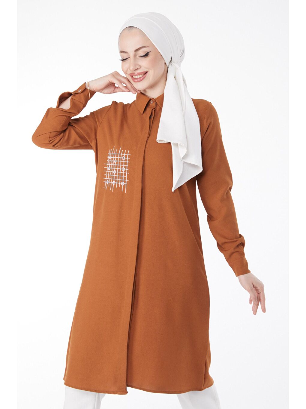 Kahverengi Gömlek Yaka Kadın Taba Cep Nakış Detaylı Tunik - 13123-2