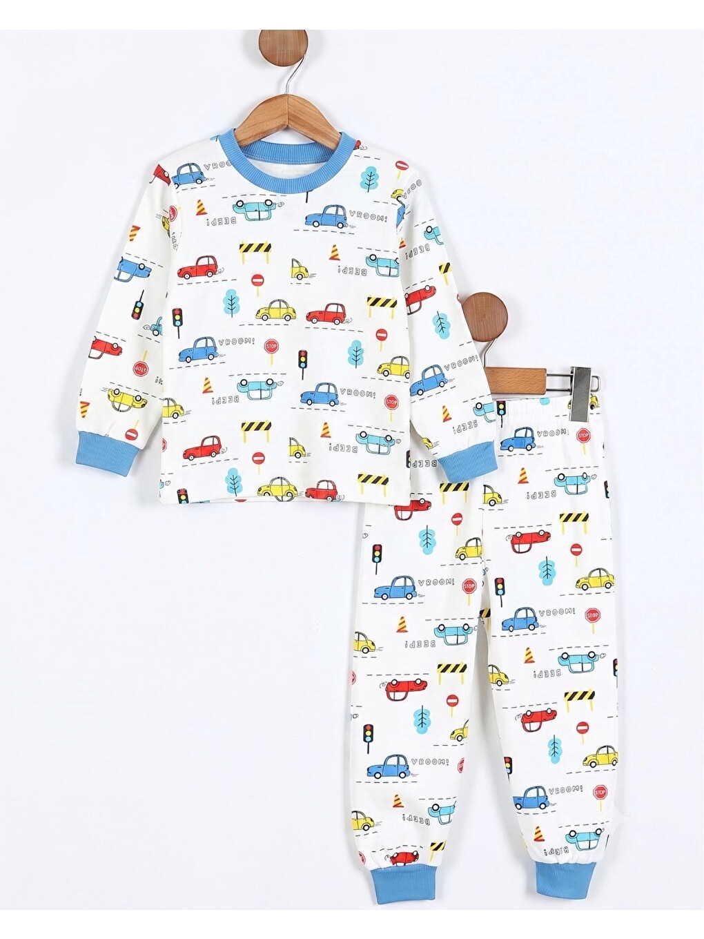Ekru Erkek Çocuk Araba Baskılı Bisiklet Yakalı %100 Pamuklu 6-7-8-9 Yaş Alt Üst Pijama Takımı-2