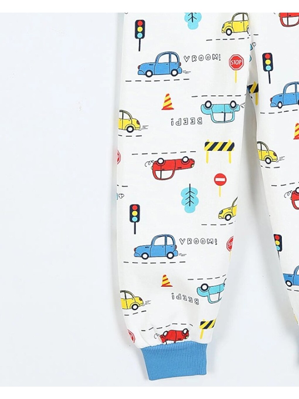 Ekru Erkek Çocuk Araba Baskılı Bisiklet Yakalı %100 Pamuklu 6-7-8-9 Yaş Alt Üst Pijama Takımı-5