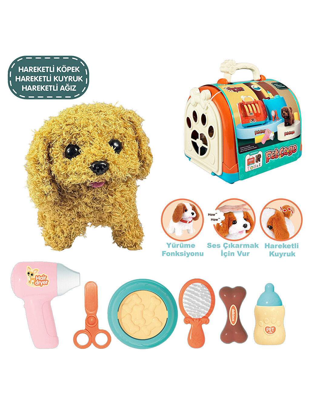 Taşıma Cantalı Sesli Hareketlı Köpek Set Turuncu-1