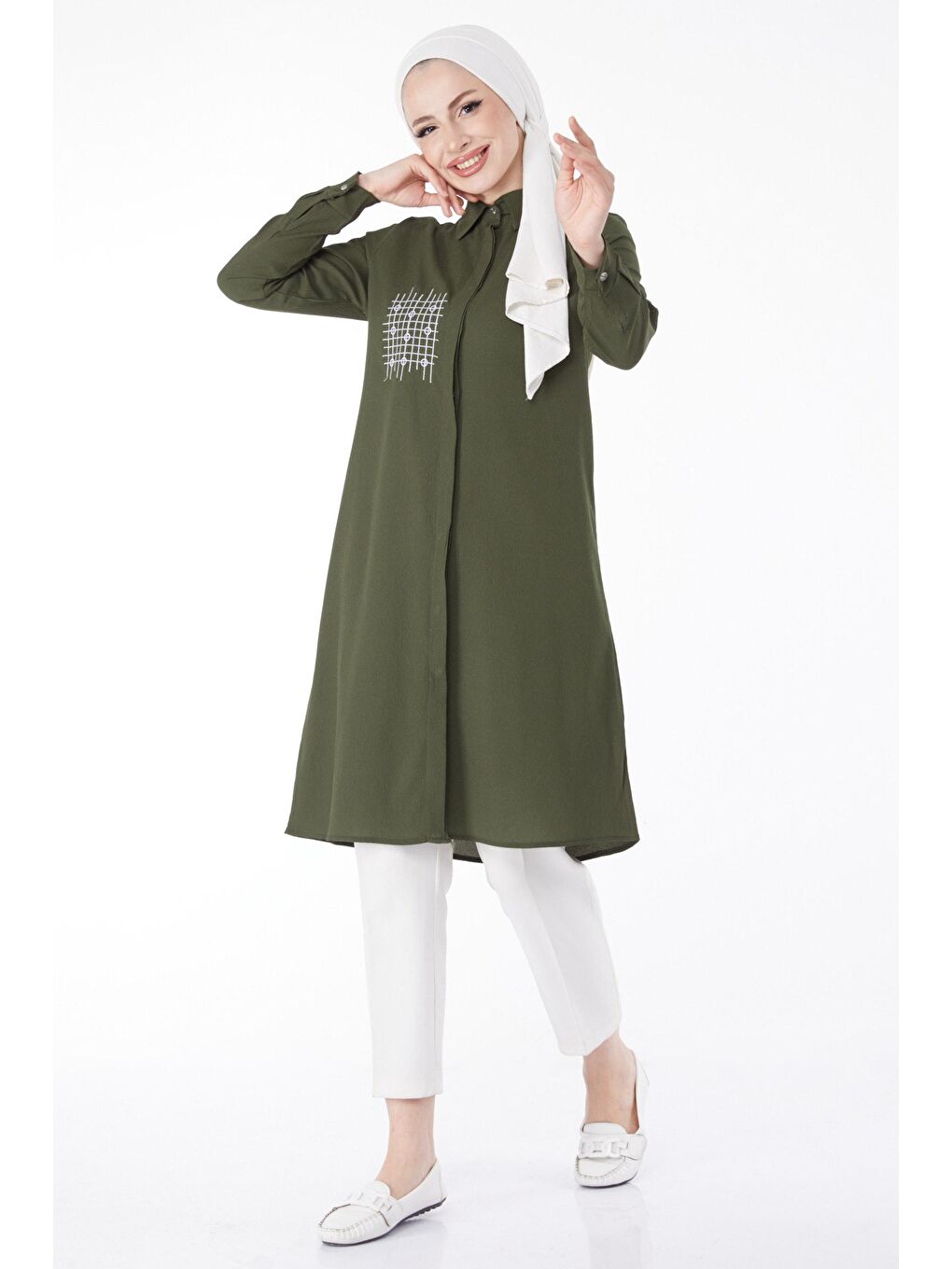 Gömlek Yaka Kadın Haki Cep Nakış Detaylı Tunik - 13123