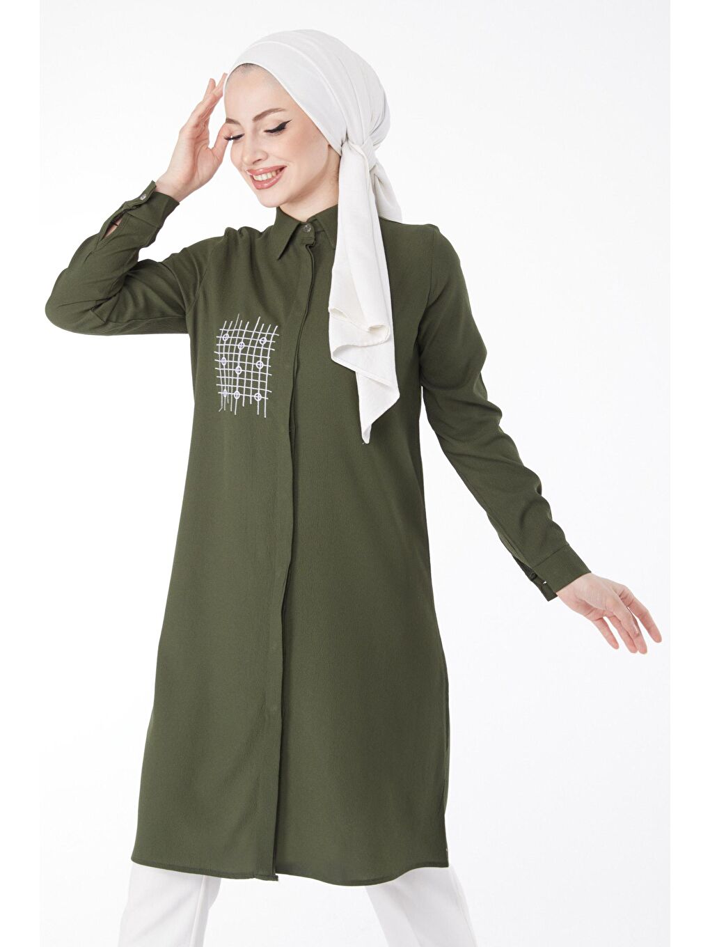 Gömlek Yaka Kadın Haki Cep Nakış Detaylı Tunik - 13123-1