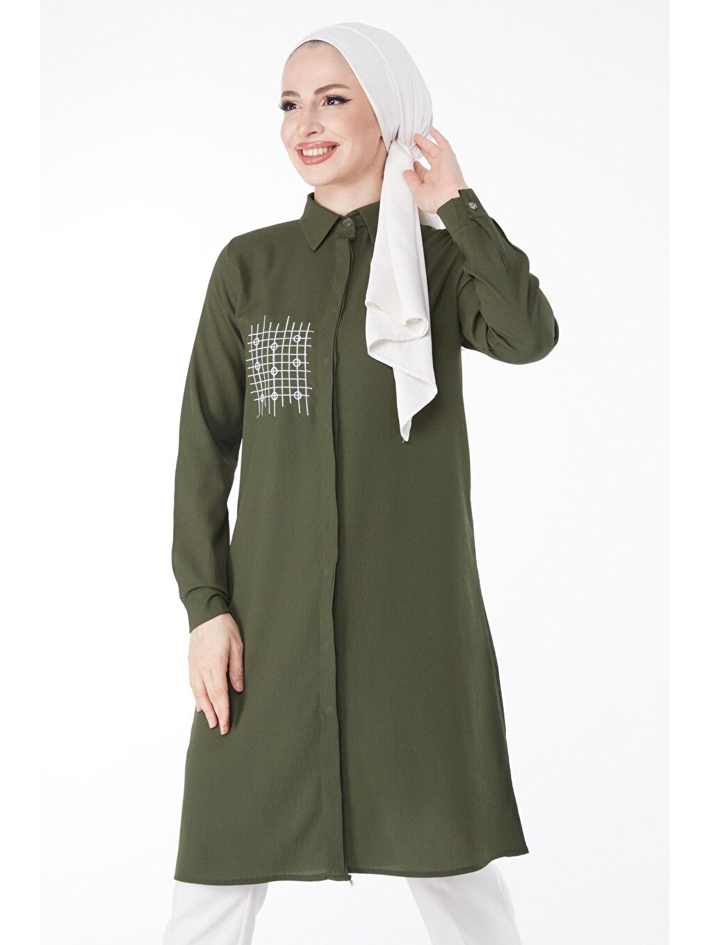Gömlek Yaka Kadın Haki Cep Nakış Detaylı Tunik - 13123-2