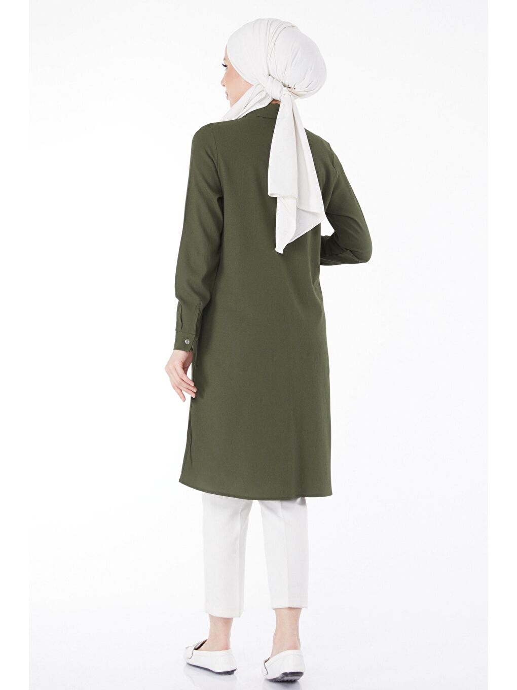 Gömlek Yaka Kadın Haki Cep Nakış Detaylı Tunik - 13123-4