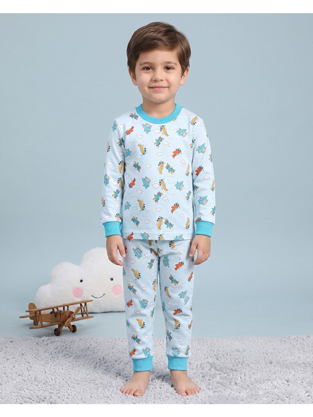 Mavi Erkek Çocuk Uçak Baskılı %100 Pamuk Bisiklet Yakalı Pijama Takımı-1