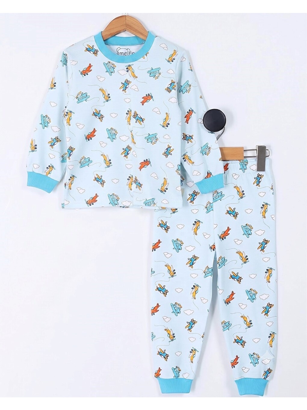 Mavi Erkek Çocuk Uçak Baskılı %100 Pamuk Bisiklet Yakalı Pijama Takımı-2