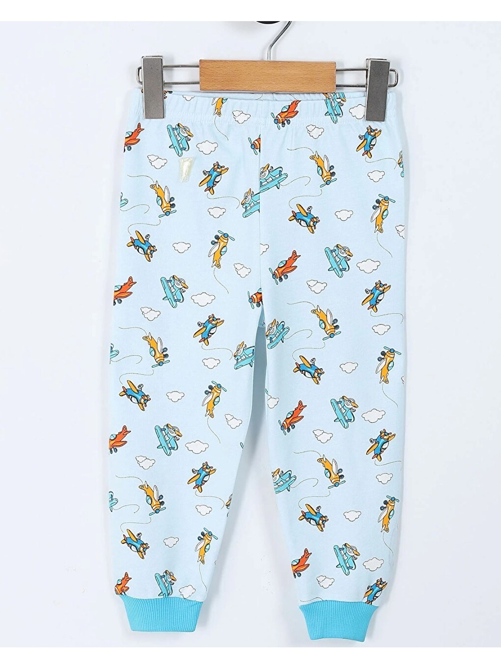 Mavi Erkek Çocuk Uçak Baskılı %100 Pamuk Bisiklet Yakalı Pijama Takımı-3