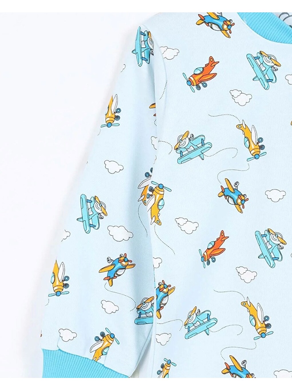 Mavi Erkek Çocuk Uçak Baskılı %100 Pamuk Bisiklet Yakalı Pijama Takımı-4