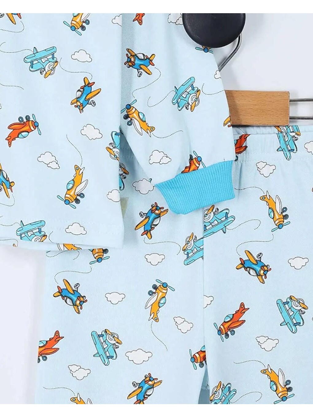 Mavi Erkek Çocuk Uçak Baskılı %100 Pamuk Bisiklet Yakalı Pijama Takımı-5