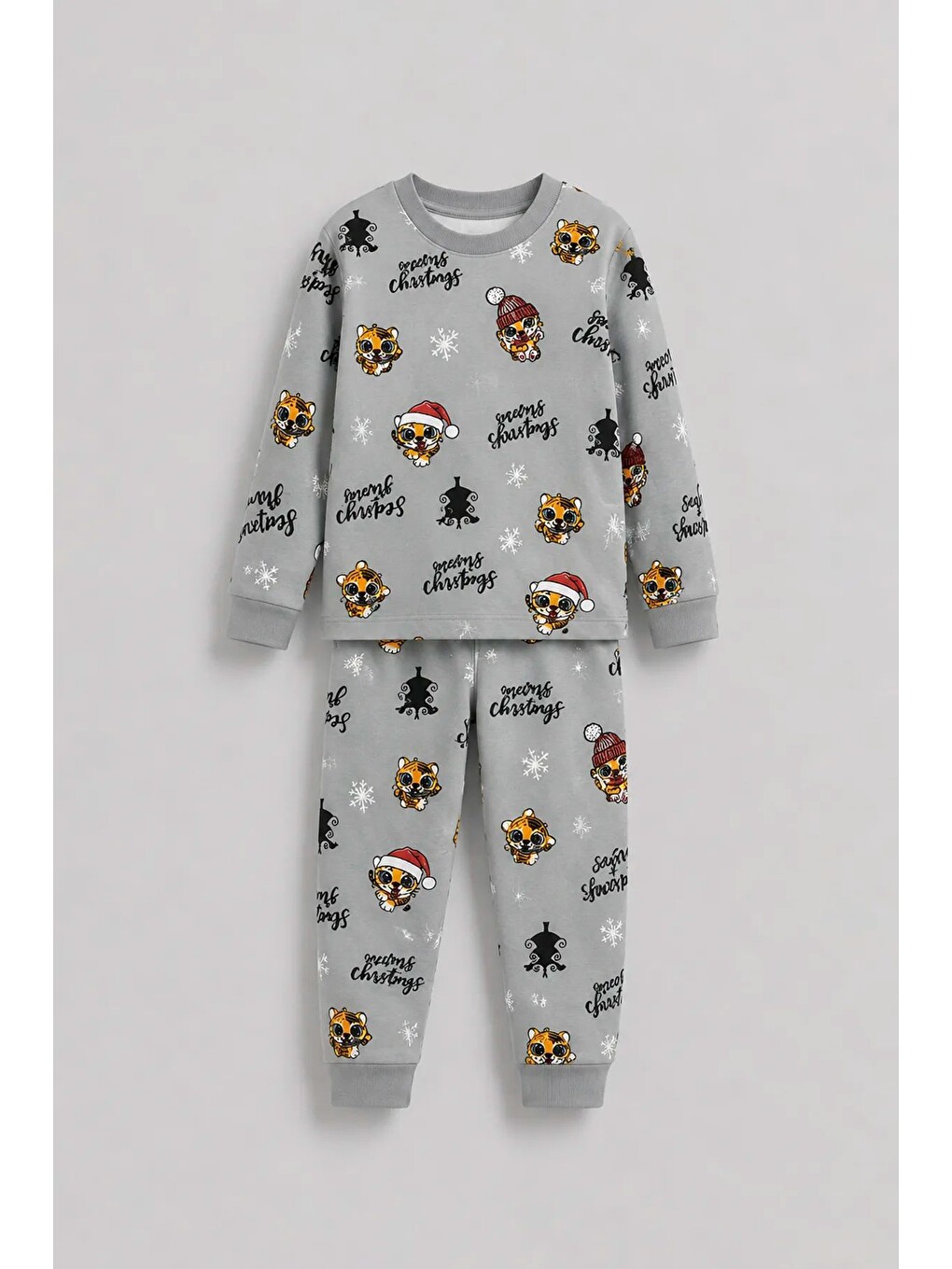 Gri Kız Çocuk Yılbaşı Temalı Tiger Desenli Uzun Kollu Pijama Takımı-6
