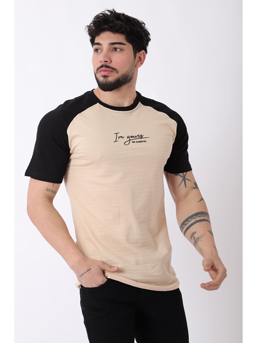 Bej Çift Renk Baskılı Bisiklet Yaka Tişört JS C-184_30417