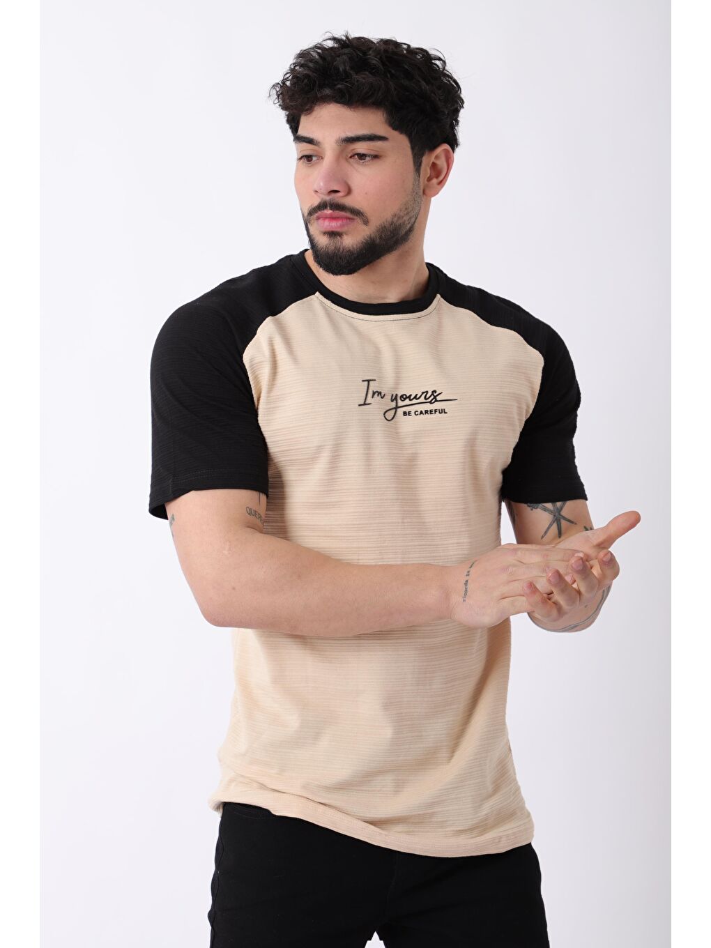 Bej Çift Renk Baskılı Bisiklet Yaka Tişört JS C-184_30417-1