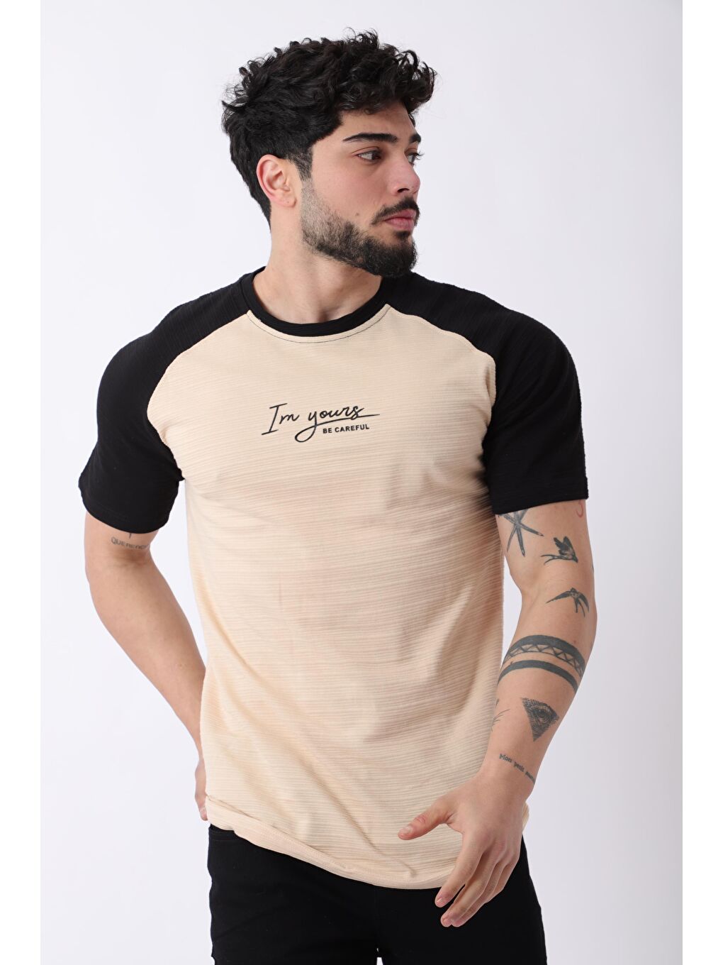 Bej Çift Renk Baskılı Bisiklet Yaka Tişört JS C-184_30417-2