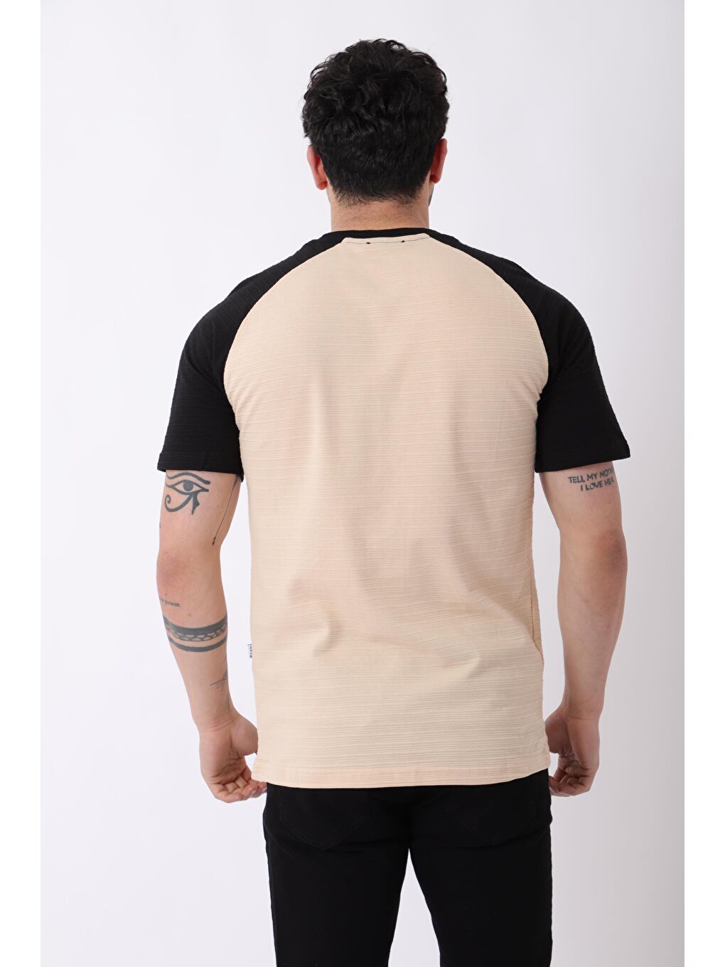 Bej Çift Renk Baskılı Bisiklet Yaka Tişört JS C-184_30417-4