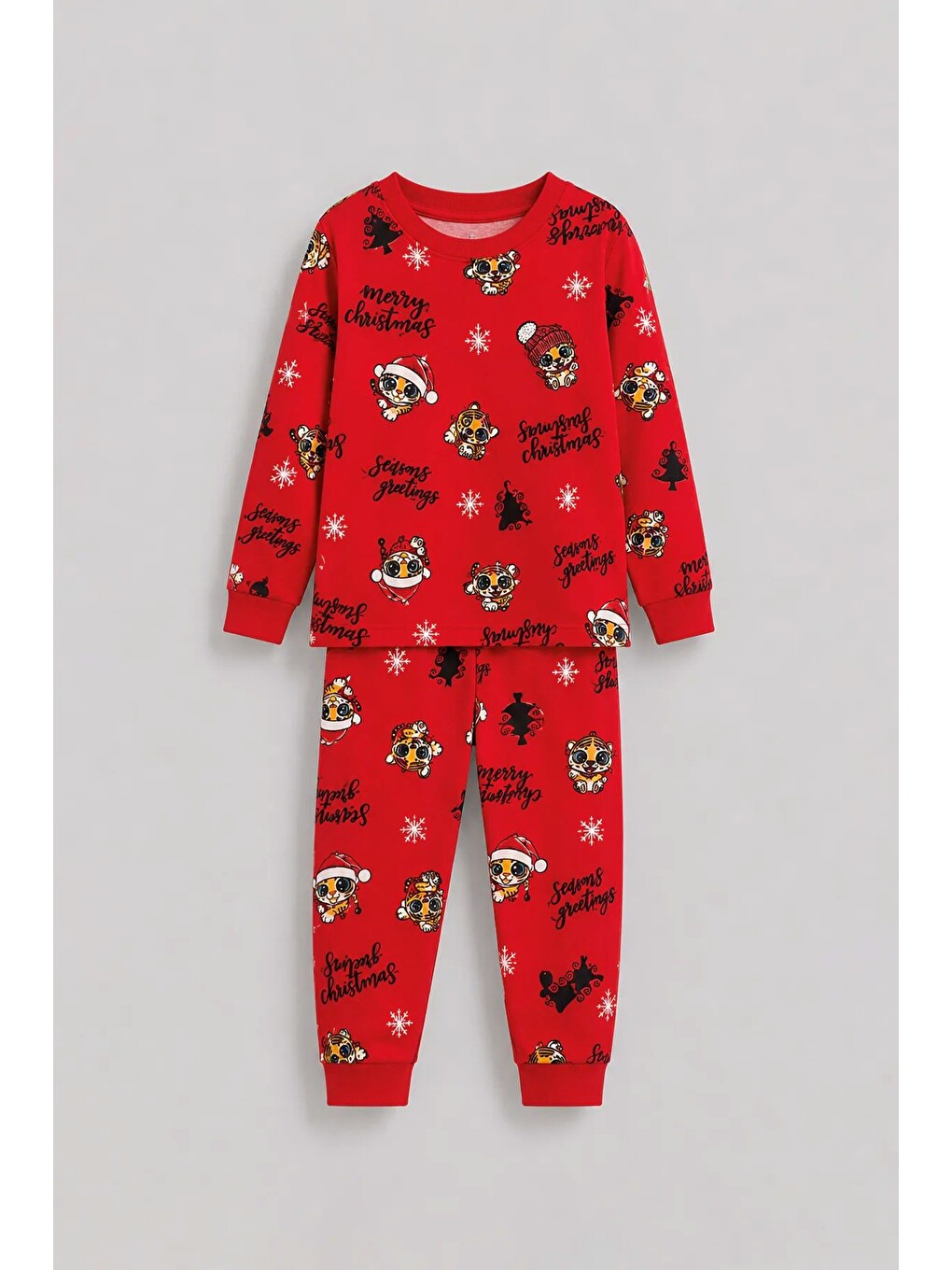 Kırmızı Kız Çocuk Yılbaşı Temalı Tiger Desenli Uzun Kollu Pijama Takımı-2