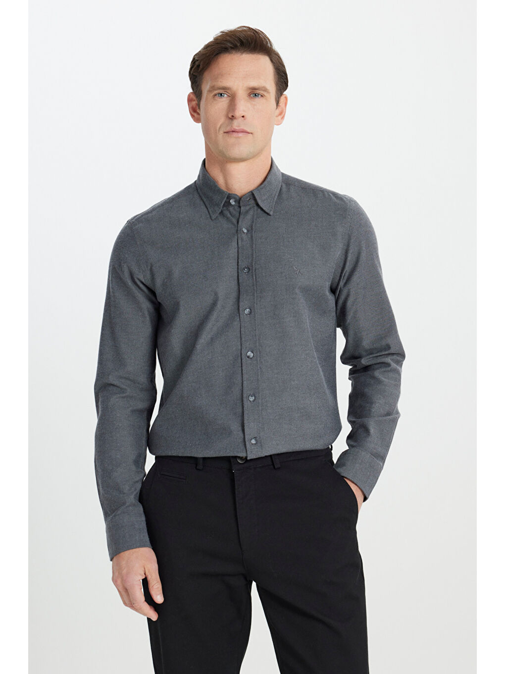 Erkek Antrasit %100 Pamuk Flanel Slim Fit Dar Kesim Gizli Düğmeli Yaka Gömlek