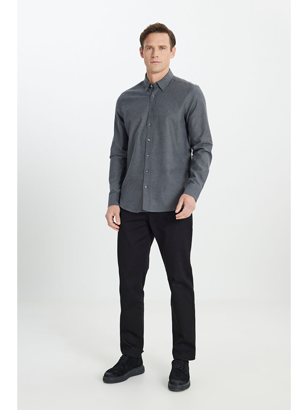 Erkek Antrasit %100 Pamuk Flanel Slim Fit Dar Kesim Gizli Düğmeli Yaka Gömlek-1