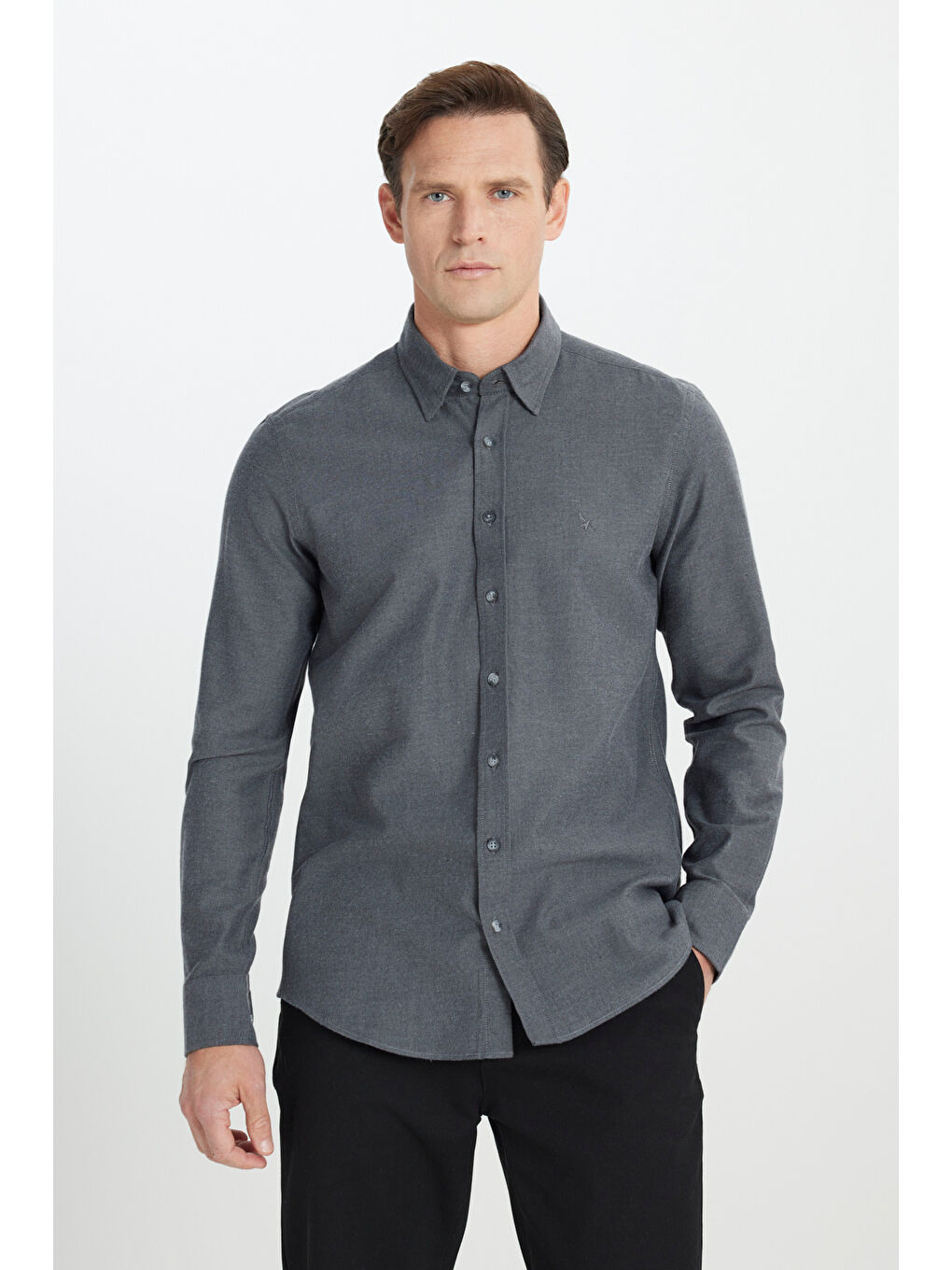 Erkek Antrasit %100 Pamuk Flanel Slim Fit Dar Kesim Gizli Düğmeli Yaka Gömlek-2