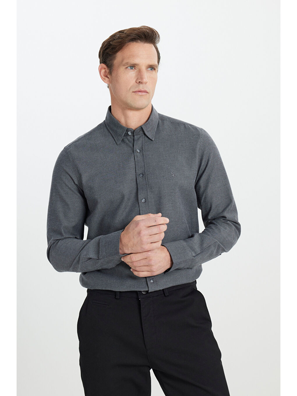 Erkek Antrasit %100 Pamuk Flanel Slim Fit Dar Kesim Gizli Düğmeli Yaka Gömlek-4