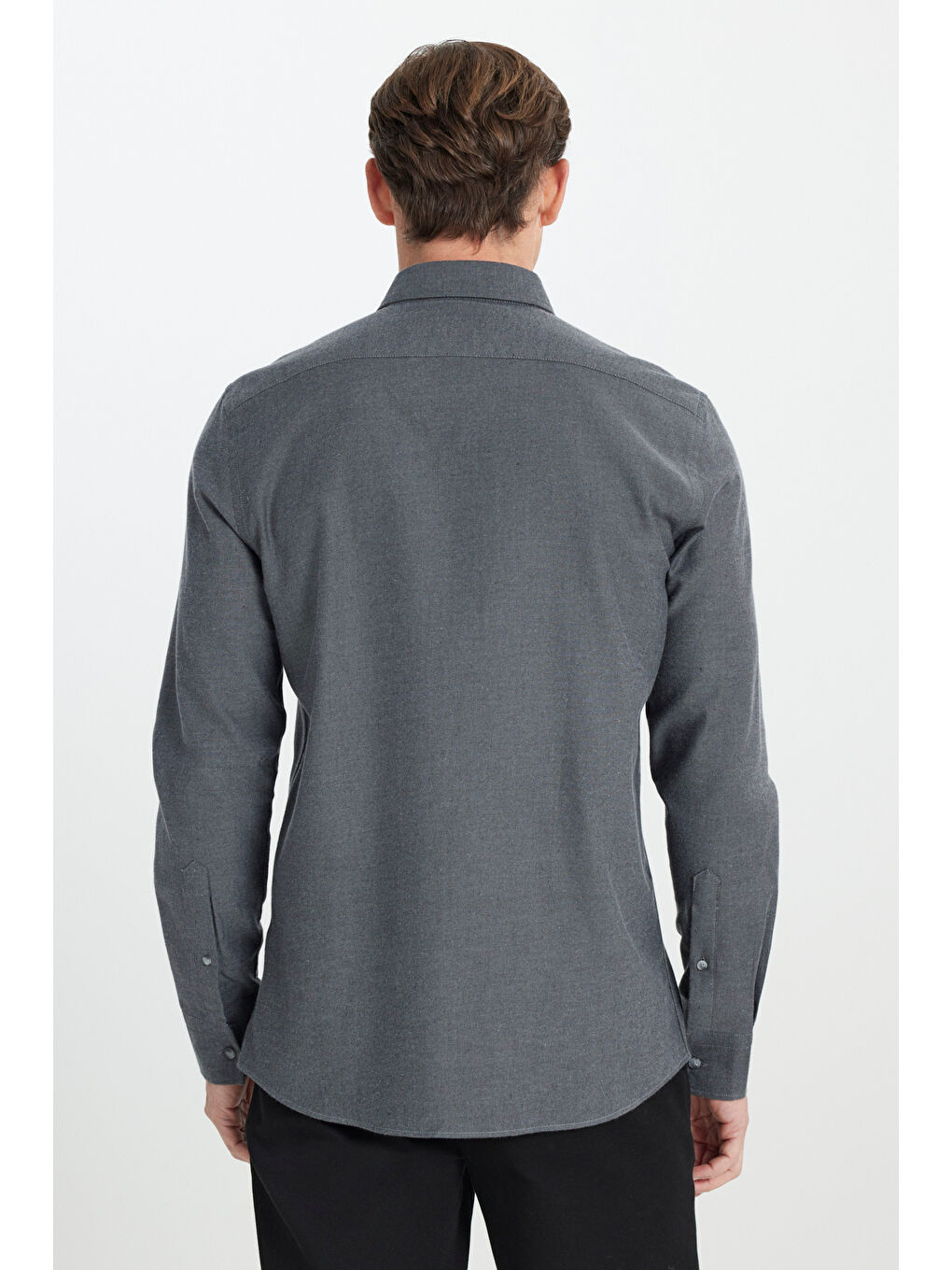 Erkek Antrasit %100 Pamuk Flanel Slim Fit Dar Kesim Gizli Düğmeli Yaka Gömlek-5