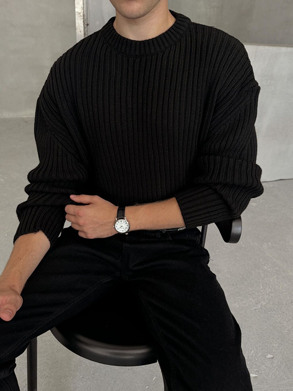 Siyah Erkek Fitilli Örme Oversize Kazak