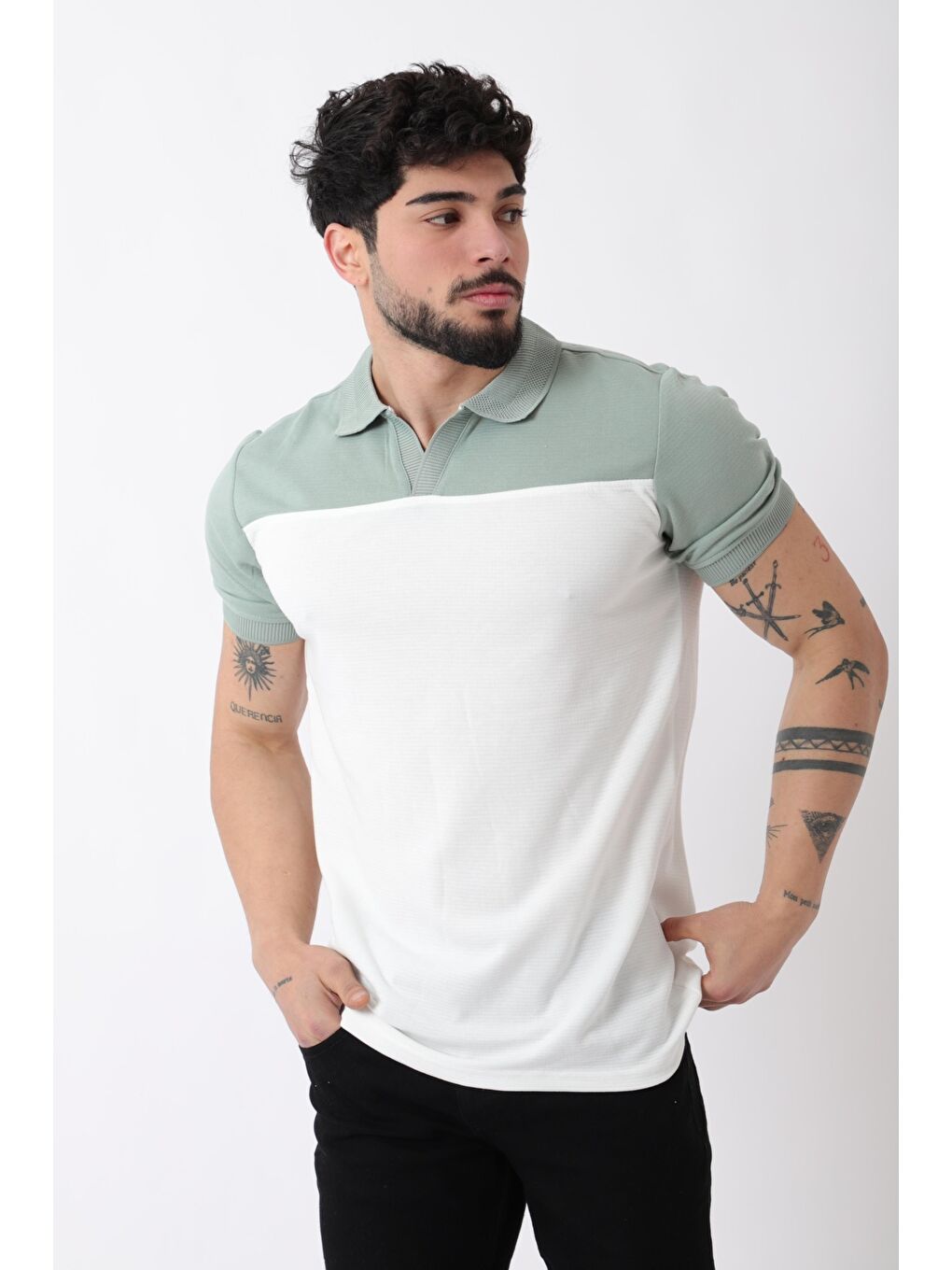 Turkuaz Parçalı Apaç Yaka Penye Tişört JS C-006_30426