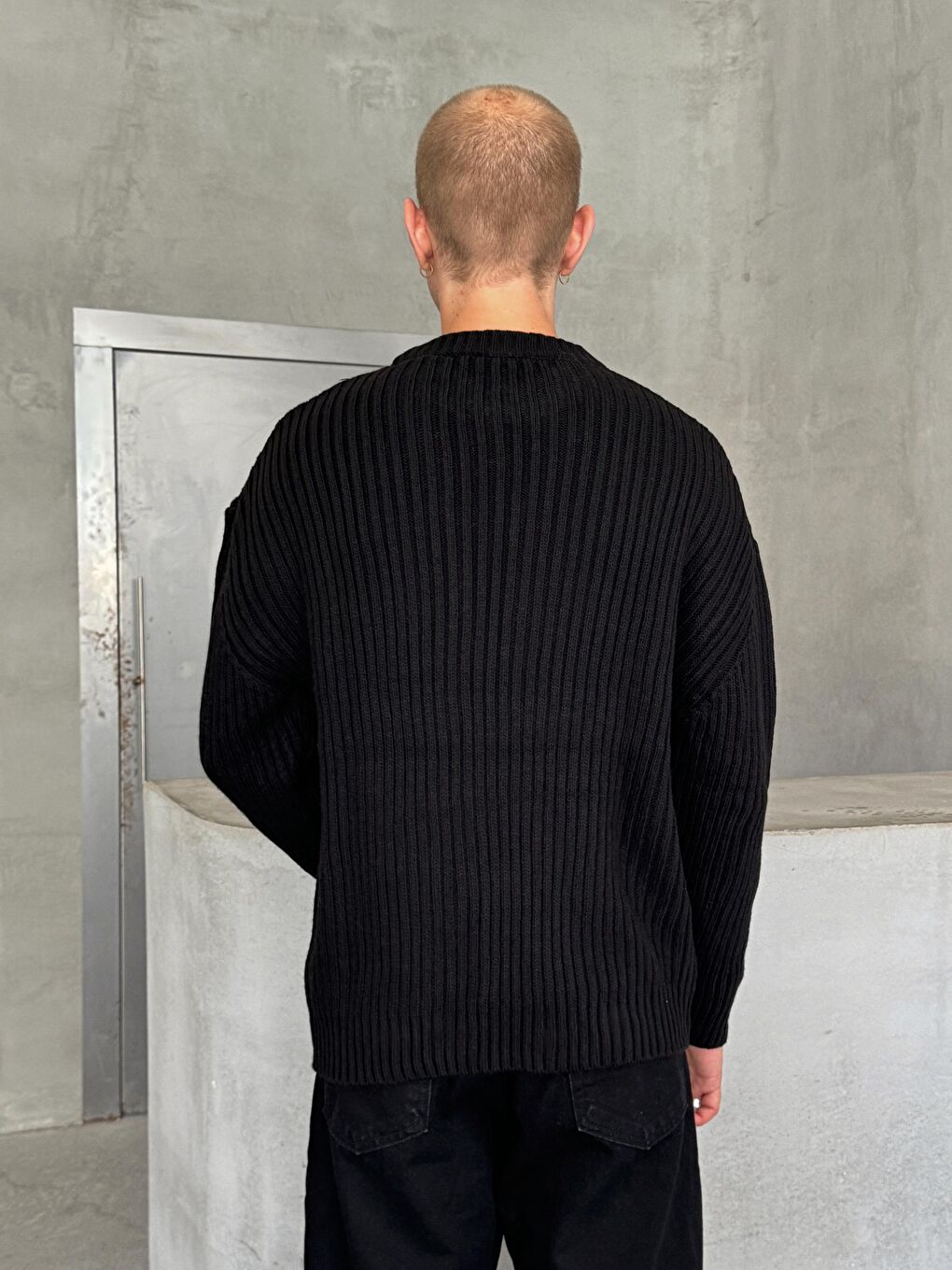 Siyah Erkek Fitilli Örme Oversize Kazak-4