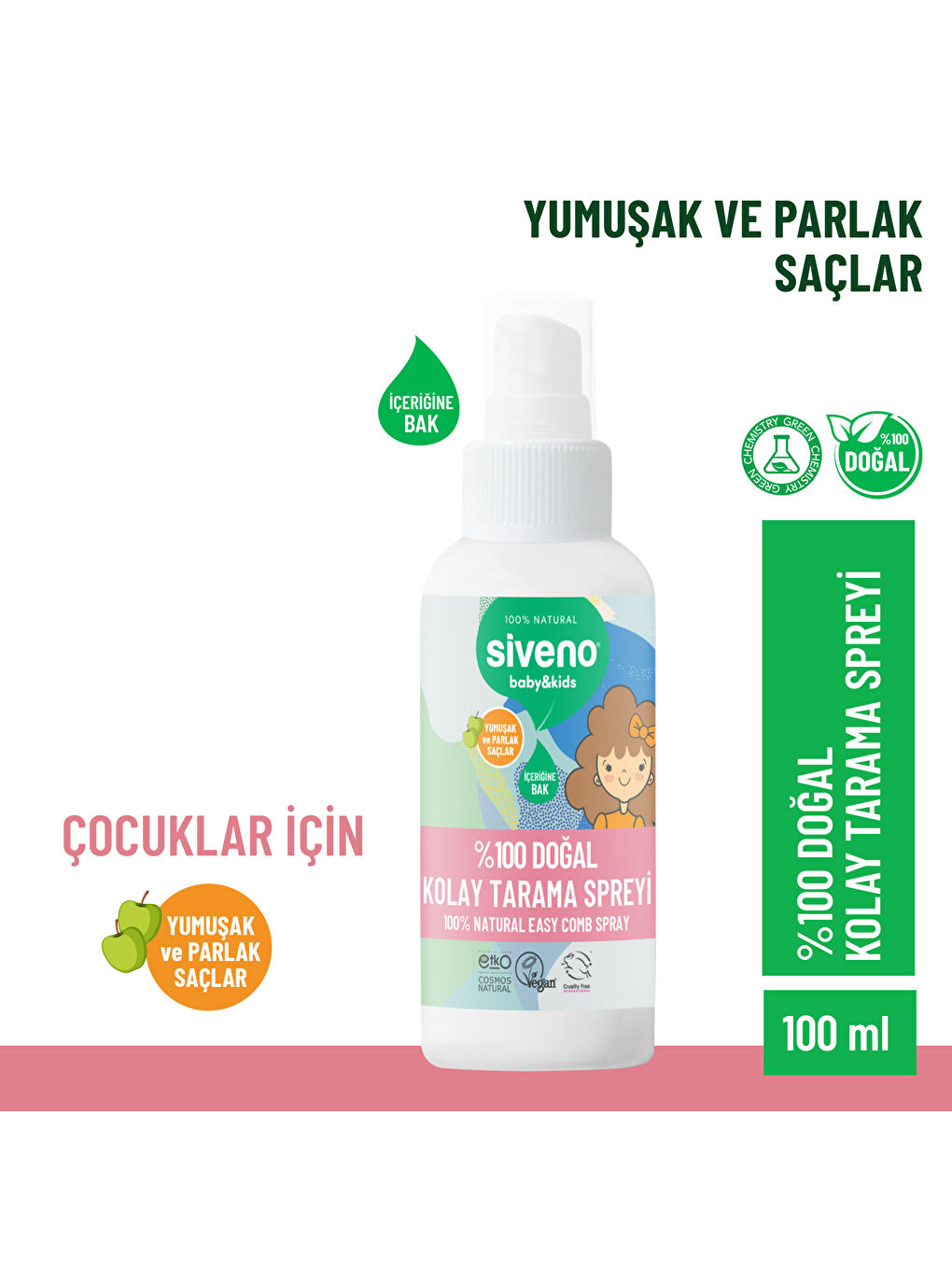 %100 Doğal Kolay Tarama Spreyi Çocuklar İçin Nemlendirici Hindistan Cevizi Yağlı 100 ml