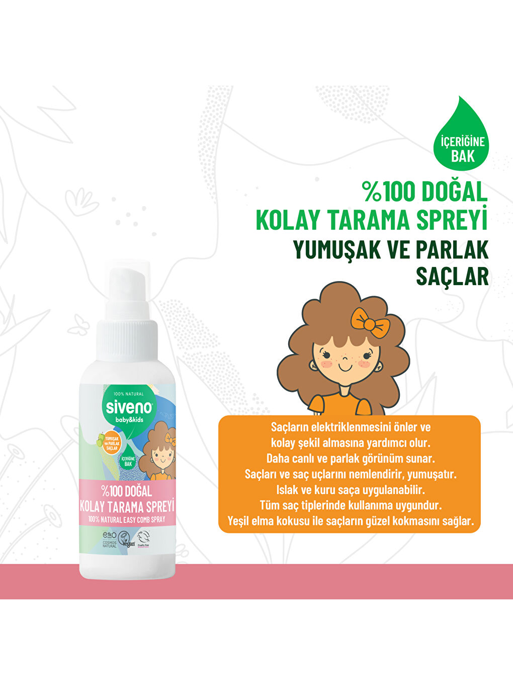 %100 Doğal Kolay Tarama Spreyi Çocuklar İçin Nemlendirici Hindistan Cevizi Yağlı 100 ml-4