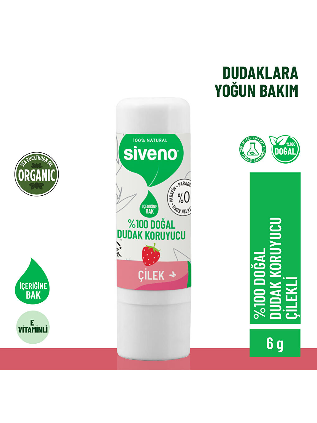 Siveno %100 Doğal Dudak Koruyucu Çilek Bitkisel Lip Balm Dudak Kremi Nemlendirici Parlatıcı Onarıcı 6 gr
