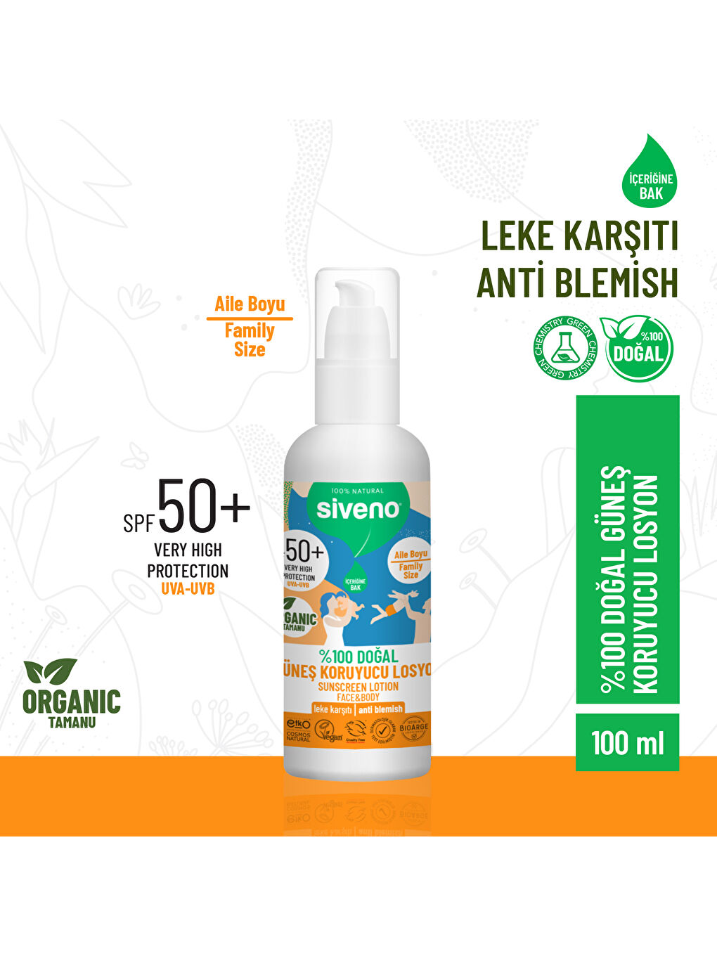 %100 Doğal ve Organik Tamanu Yağlı Güneş Losyonu Mineral Filtreli Tüm Aile İçin SPF 50+ 100 ml