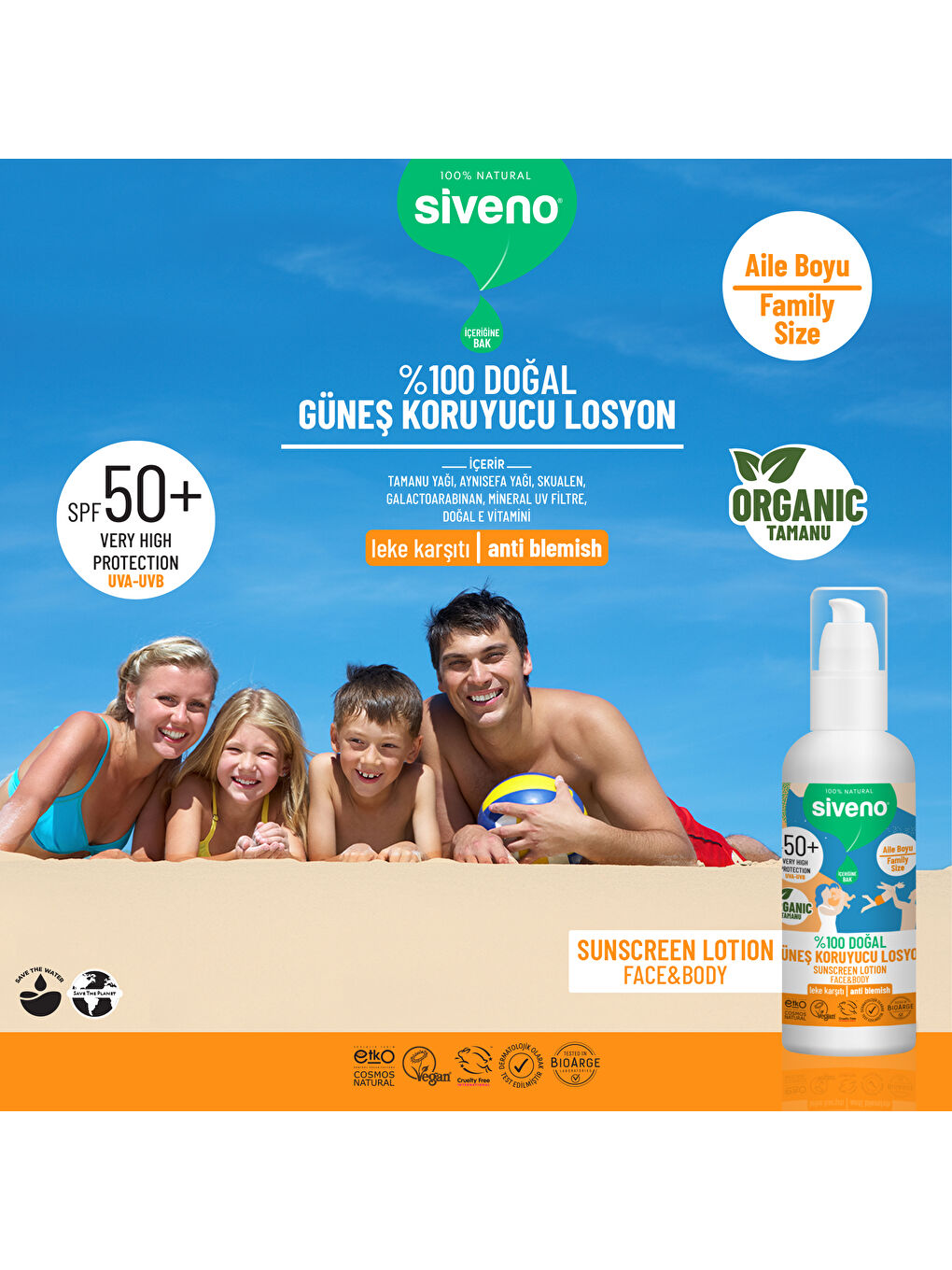 %100 Doğal ve Organik Tamanu Yağlı Güneş Losyonu Mineral Filtreli Tüm Aile İçin SPF 50+ 100 ml-3